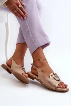 New Eleganckie Sandały Damskie Ze Złotą Ozdobą Na Płaskim Obcasie Różowe Złoto S.Barski KV27-053 Damskie Sandały Płaskie