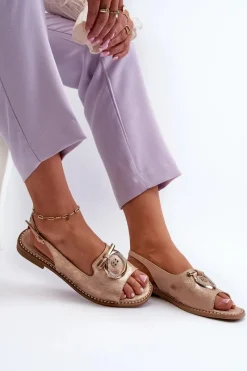 New Eleganckie Sandały Damskie Ze Złotą Ozdobą Na Płaskim Obcasie Różowe Złoto S.Barski KV27-053 Damskie Sandały Płaskie