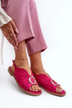 Sandały Płaskie>Damskie buty S.Barski Eleganckie Sandały Damskie Z Ozdobą Eko Zamszowe S.Barski KV27-058 Fuksja