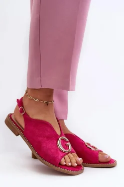 Sandały Płaskie></noscript>Damskie buty S.Barski Eleganckie Sandały Damskie Z Ozdobą Eko Zamszowe S.Barski KV27-058 Fuksja