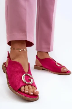 Sandały Płaskie></noscript>Damskie buty S.Barski Eleganckie Sandały Damskie Z Ozdobą Eko Zamszowe S.Barski KV27-058 Fuksja