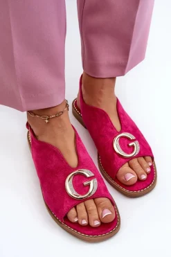 Sandały Płaskie></noscript>Damskie buty S.Barski Eleganckie Sandały Damskie Z Ozdobą Eko Zamszowe S.Barski KV27-058 Fuksja