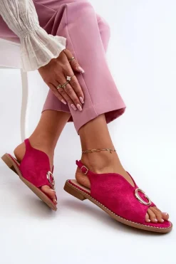 Sandały Płaskie></noscript>Damskie buty S.Barski Eleganckie Sandały Damskie Z Ozdobą Eko Zamszowe S.Barski KV27-058 Fuksja