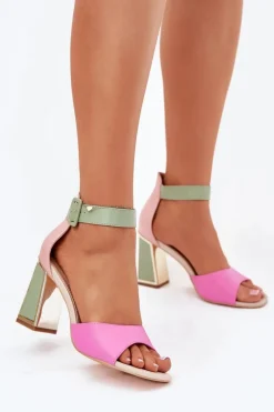 Outlet Eleganckie Sandały Damskie Na Słupku Różowo-Zielone Rosazara Damskie Sandały Na Słupku|Sandały Na Obcasie