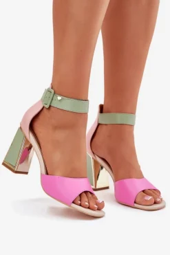 Outlet Eleganckie Sandały Damskie Na Słupku Różowo-Zielone Rosazara Damskie Sandały Na Słupku|Sandały Na Obcasie