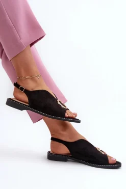 Clearance Eleganckie Sandały Damskie Z Ozdobą Eko Zamszowe S.Barski KV27-058 Czarne Damskie Sandały Płaskie