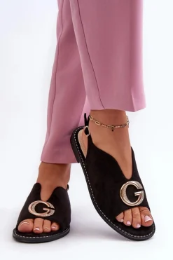 Clearance Eleganckie Sandały Damskie Z Ozdobą Eko Zamszowe S.Barski KV27-058 Czarne Damskie Sandały Płaskie