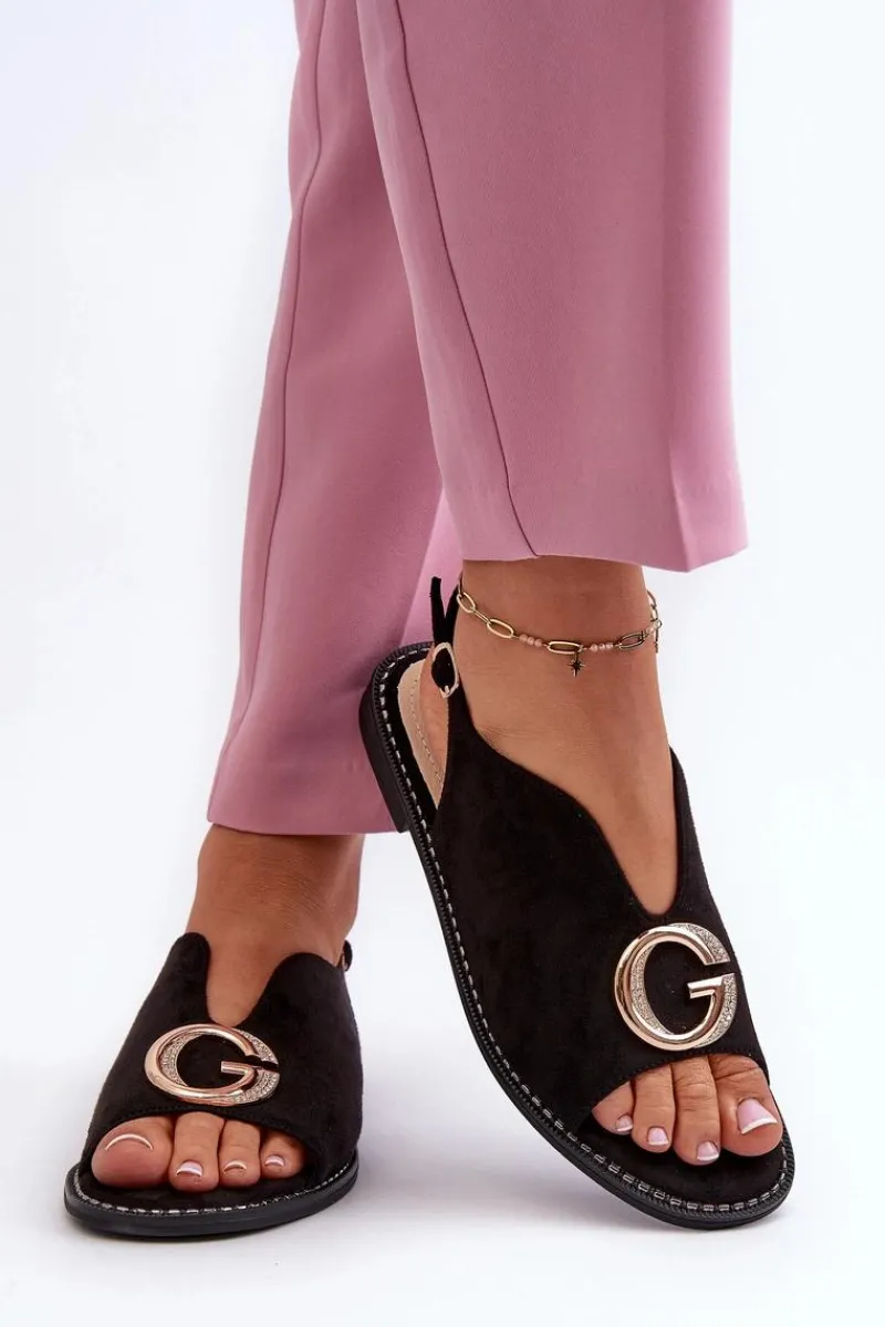 Clearance Eleganckie Sandały Damskie Z Ozdobą Eko Zamszowe S.Barski KV27-058 Czarne Damskie Sandały Płaskie