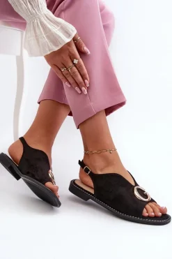 Clearance Eleganckie Sandały Damskie Z Ozdobą Eko Zamszowe S.Barski KV27-058 Czarne Damskie Sandały Płaskie