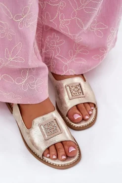 Online Damskie buty S.Barski Eleganckie Sandały Damskie Na Płaskim Obcasie Z Ozdobą S.Barski KV51-082 Złote Złoty