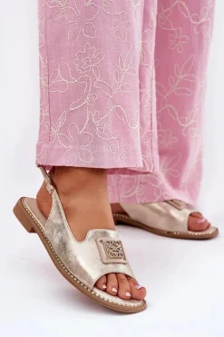 Online Damskie buty S.Barski Eleganckie Sandały Damskie Na Płaskim Obcasie Z Ozdobą S.Barski KV51-082 Złote Złoty