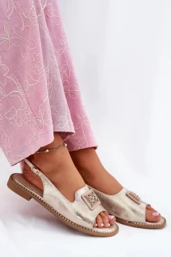 Online Damskie buty S.Barski Eleganckie Sandały Damskie Na Płaskim Obcasie Z Ozdobą S.Barski KV51-082 Złote Złoty