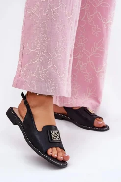 Online Eleganckie Sandały Damskie Na Płaskim Obcasie Z Ozdobą S.Barski KV51-082 Czarne Damskie Sandały Płaskie