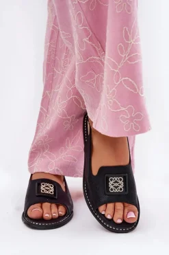 Online Eleganckie Sandały Damskie Na Płaskim Obcasie Z Ozdobą S.Barski KV51-082 Czarne Damskie Sandały Płaskie