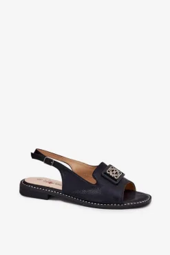 Online Eleganckie Sandały Damskie Na Płaskim Obcasie Z Ozdobą S.Barski KV51-082 Czarne Damskie Sandały Płaskie