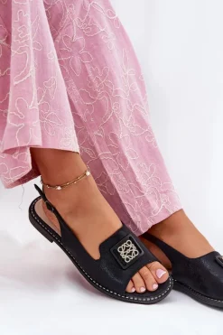 Online Eleganckie Sandały Damskie Na Płaskim Obcasie Z Ozdobą S.Barski KV51-082 Czarne Damskie Sandały Płaskie