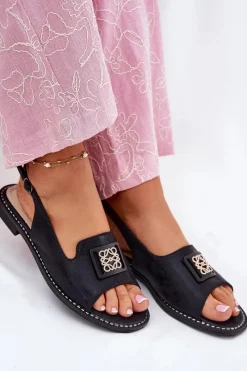 Online Eleganckie Sandały Damskie Na Płaskim Obcasie Z Ozdobą S.Barski KV51-082 Czarne Damskie Sandały Płaskie