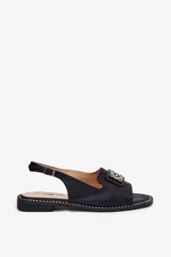 Online Eleganckie Sandały Damskie Na Płaskim Obcasie Z Ozdobą S.Barski KV51-082 Czarne Damskie Sandały Płaskie