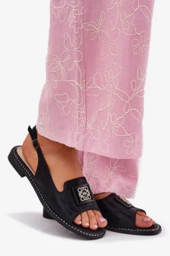 Online Eleganckie Sandały Damskie Na Płaskim Obcasie Z Ozdobą S.Barski KV51-082 Czarne Damskie Sandały Płaskie