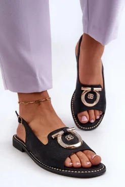 Damskie buty S.Barski Eleganckie Sandały Damskie Ze Złotą Ozdobą Na Płaskim Obcasie Czarne S.Barski KV27-053