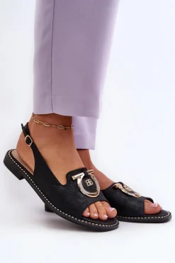 Damskie buty S.Barski Eleganckie Sandały Damskie Ze Złotą Ozdobą Na Płaskim Obcasie Czarne S.Barski KV27-053