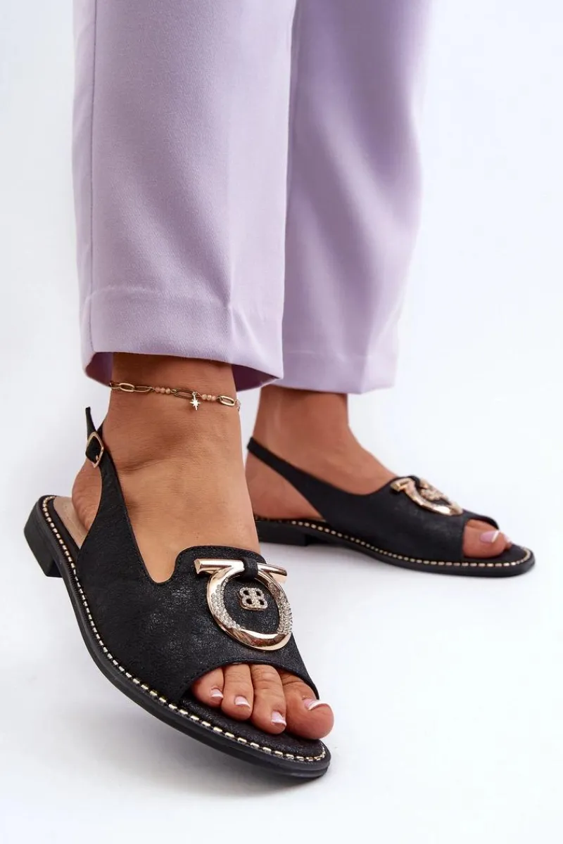 Damskie buty S.Barski Eleganckie Sandały Damskie Ze Złotą Ozdobą Na Płaskim Obcasie Czarne S.Barski KV27-053