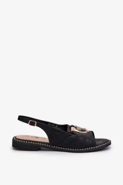 Damskie buty S.Barski Eleganckie Sandały Damskie Ze Złotą Ozdobą Na Płaskim Obcasie Czarne S.Barski KV27-053