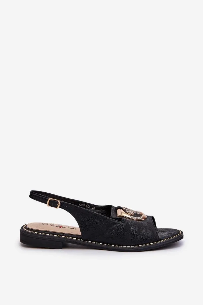 Damskie buty S.Barski Eleganckie Sandały Damskie Ze Złotą Ozdobą Na Płaskim Obcasie Czarne S.Barski KV27-053