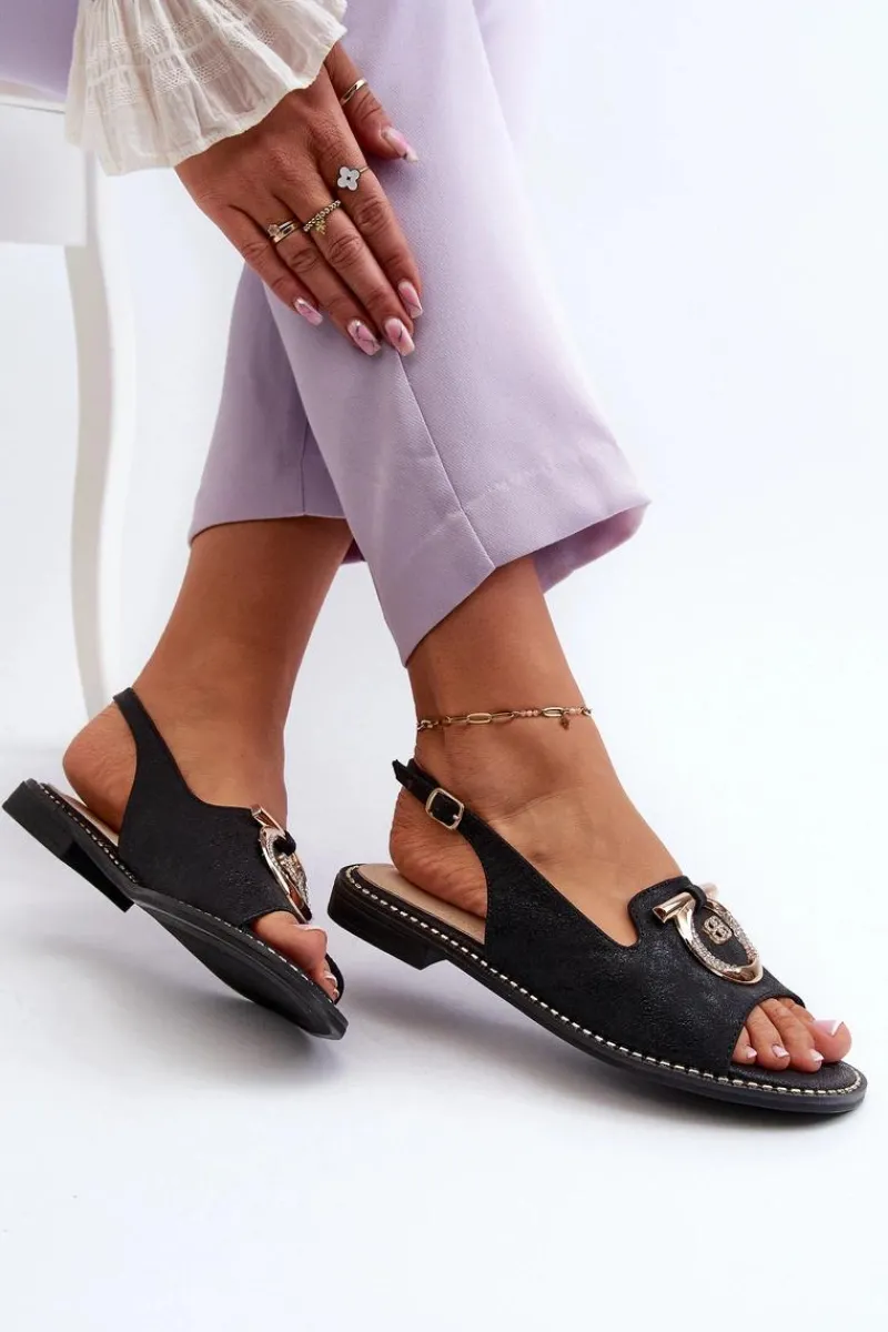 Damskie buty S.Barski Eleganckie Sandały Damskie Ze Złotą Ozdobą Na Płaskim Obcasie Czarne S.Barski KV27-053