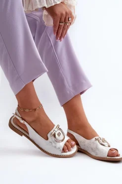 Sandały Płaskie>Damskie buty S.Barski Eleganckie Sandały Damskie Ze Złotą Ozdobą Na Płaskim Obcasie Srebrne S.Barski KV27-053