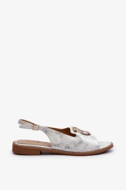 Sandały Płaskie></noscript>Damskie buty S.Barski Eleganckie Sandały Damskie Ze Złotą Ozdobą Na Płaskim Obcasie Srebrne S.Barski KV27-053