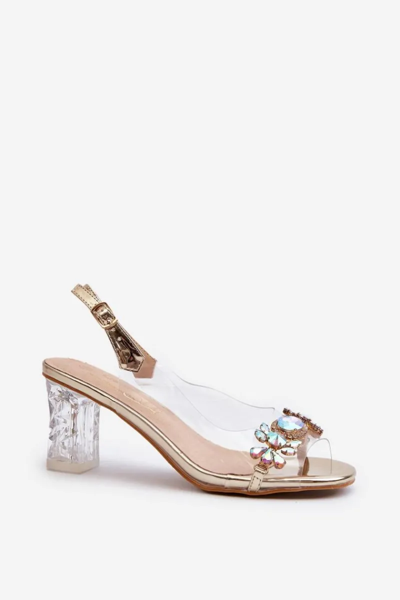 Sandały Na Słupku|Sandały Na Obcasie>Damskie buty S.Barski Eleganckie Sandały Na Słupku Z Ozdobami Złote D&A MR38-444