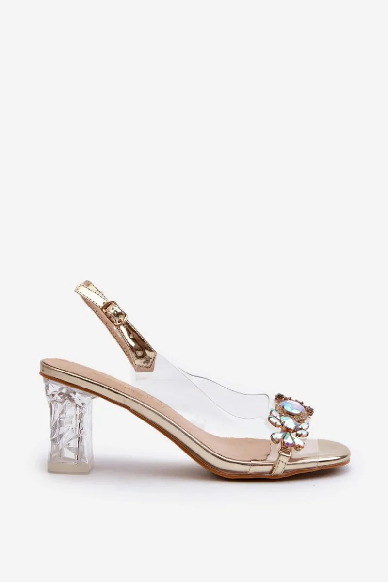 Sandały Na Słupku|Sandały Na Obcasie>Damskie buty S.Barski Eleganckie Sandały Na Słupku Z Ozdobami Złote D&A MR38-444