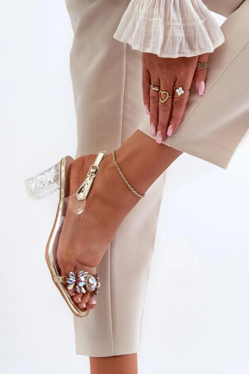 Sandały Na Słupku|Sandały Na Obcasie>Damskie buty S.Barski Eleganckie Sandały Na Słupku Z Ozdobami Złote D&A MR38-444