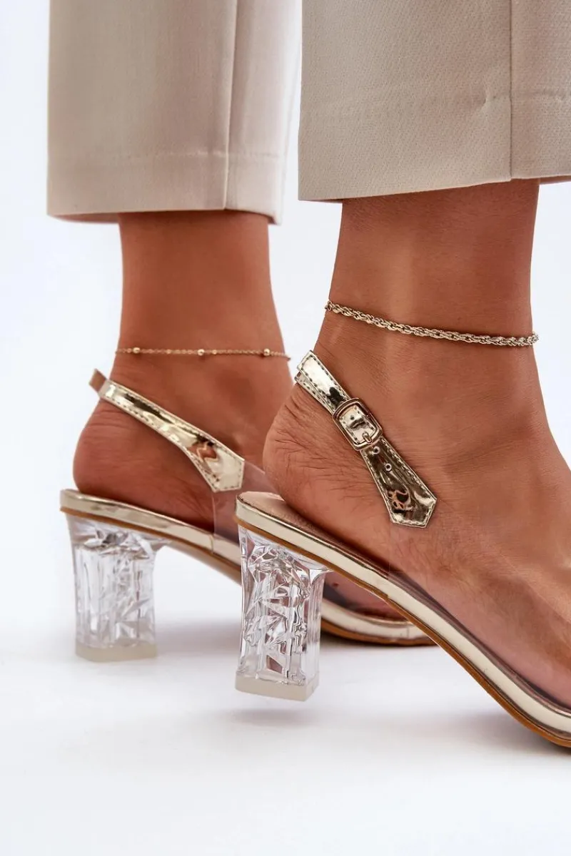 Sandały Na Słupku|Sandały Na Obcasie>Damskie buty S.Barski Eleganckie Sandały Na Słupku Z Ozdobami Złote D&A MR38-444