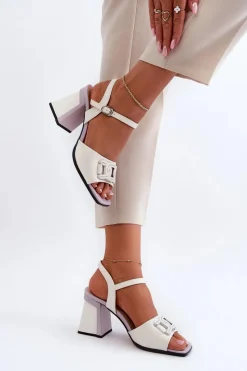 Sale Eleganckie Sandały Na Słupku Z Ozdobą Białe D&A MR38-156 Damskie Sandały Na Słupku|Sandały Na Obcasie