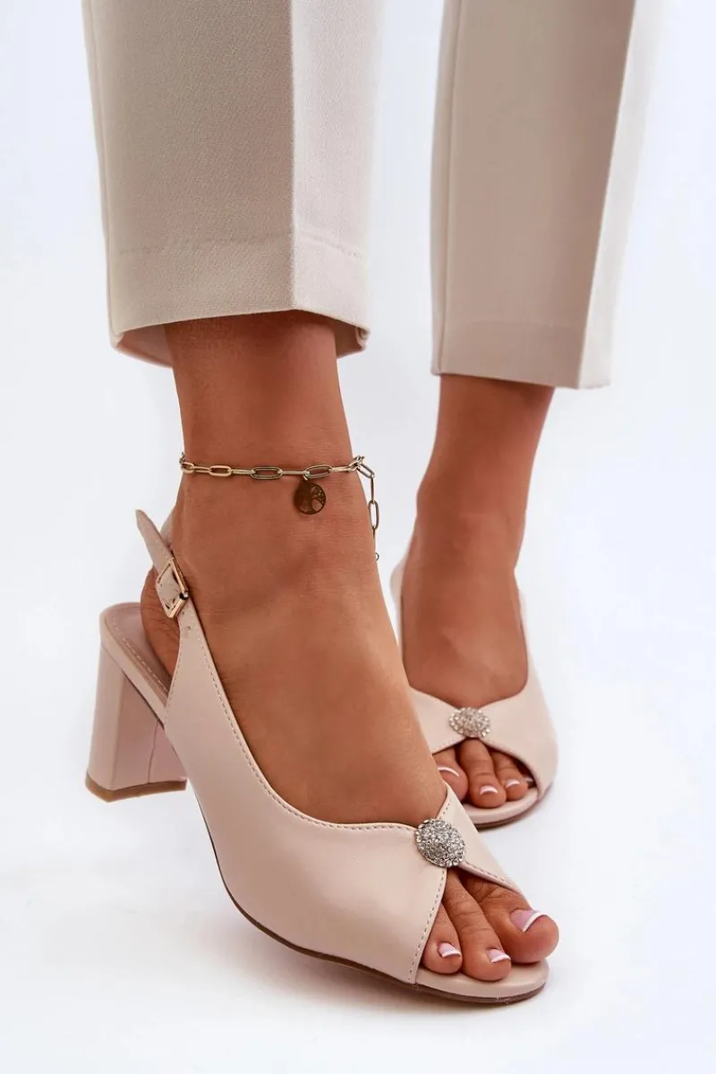 Eleganckie Sandały Na Słupku Z Ozdobą Beżowe Trasea Damskie Sandały Na Słupku|Sandały Na Obcasie