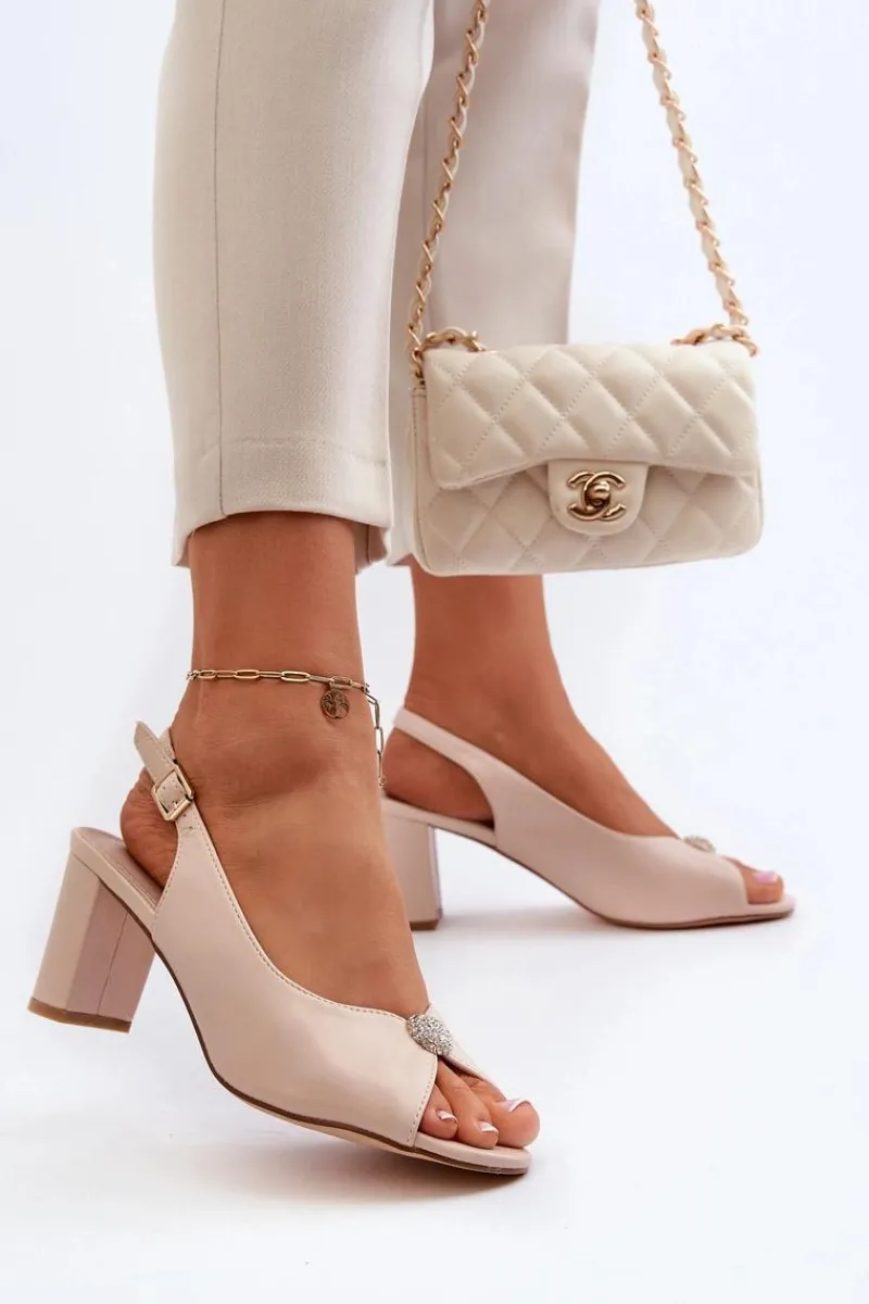 Eleganckie Sandały Na Słupku Z Ozdobą Beżowe Trasea Damskie Sandały Na Słupku|Sandały Na Obcasie