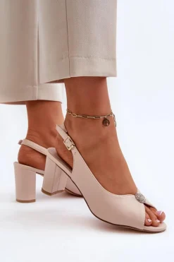 Eleganckie Sandały Na Słupku Z Ozdobą Beżowe Trasea Damskie Sandały Na Słupku|Sandały Na Obcasie