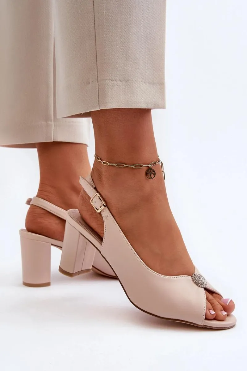 Eleganckie Sandały Na Słupku Z Ozdobą Beżowe Trasea Damskie Sandały Na Słupku|Sandały Na Obcasie
