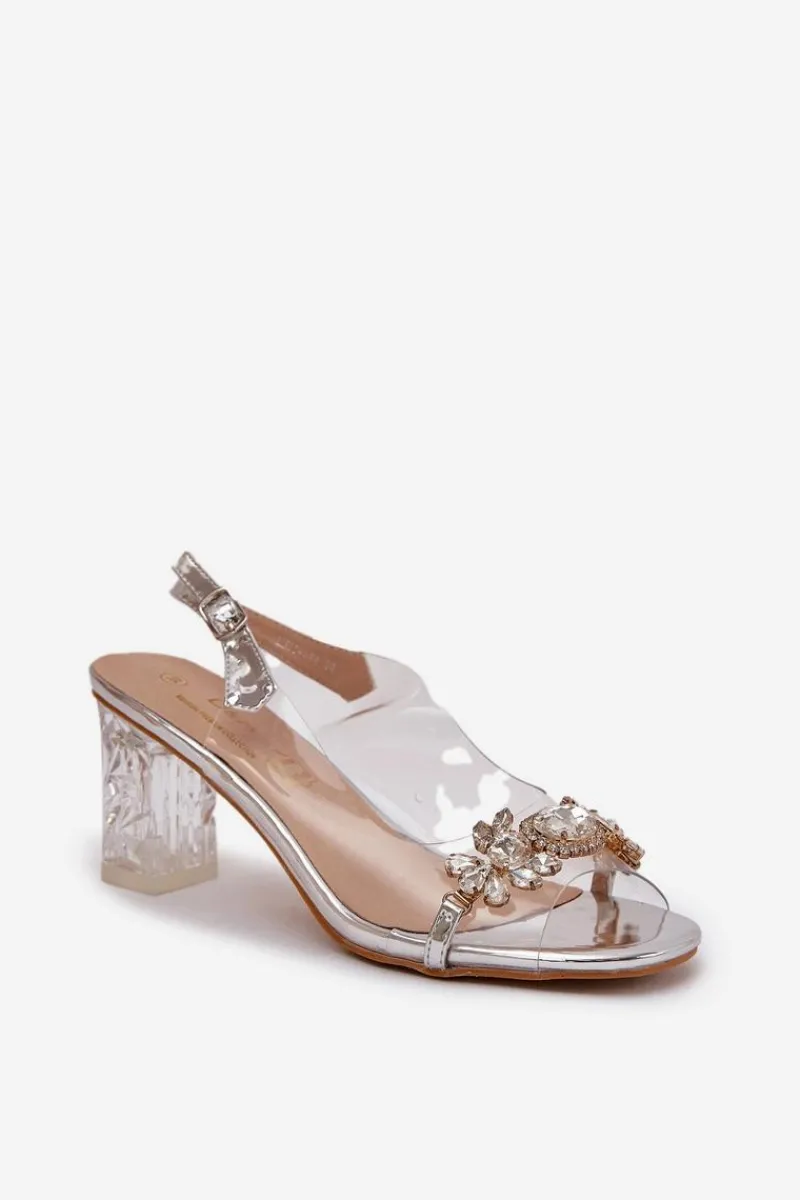 Sandały Na Słupku|Sandały Na Obcasie>Damskie buty S.Barski Eleganckie Sandały Na Słupku Z Ozdobami Srebrne D&A MR38-444