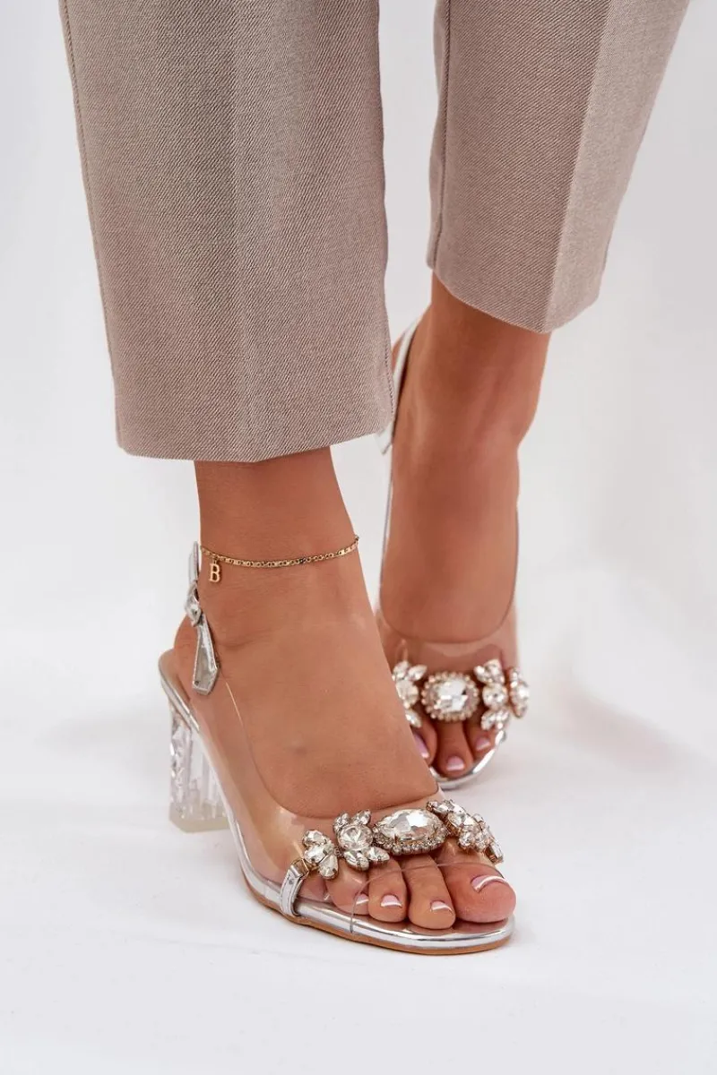 Sandały Na Słupku|Sandały Na Obcasie>Damskie buty S.Barski Eleganckie Sandały Na Słupku Z Ozdobami Srebrne D&A MR38-444