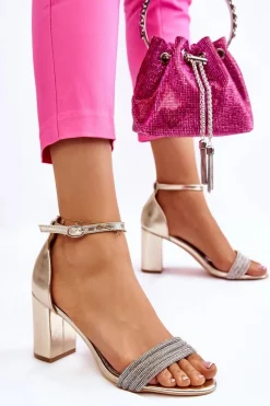 Eleganckie Sandały Z Cyrkoniami Na Obcasie Złote Laurene Damskie Sandały Na Obcasie