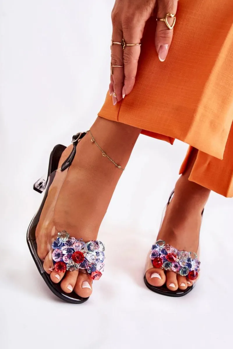 Clearance Eleganckie Sandały Z Kryształami Czarne Lanette Damskie Sandały Na Obcasie