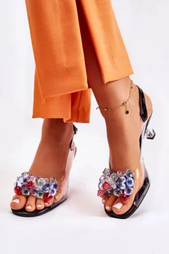 Clearance Eleganckie Sandały Z Kryształami Czarne Lanette Damskie Sandały Na Obcasie