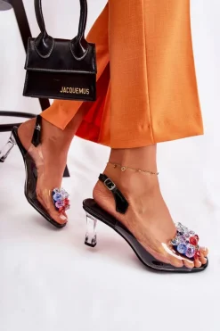 Clearance Eleganckie Sandały Z Kryształami Czarne Lanette Damskie Sandały Na Obcasie