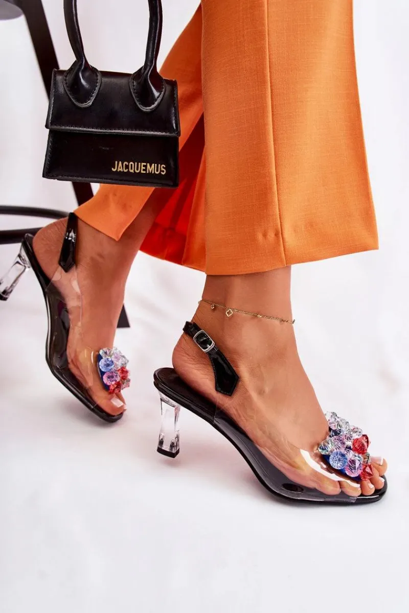 Clearance Eleganckie Sandały Z Kryształami Czarne Lanette Damskie Sandały Na Obcasie