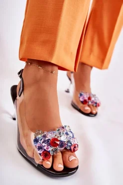 Clearance Eleganckie Sandały Z Kryształami Czarne Lanette Damskie Sandały Na Obcasie