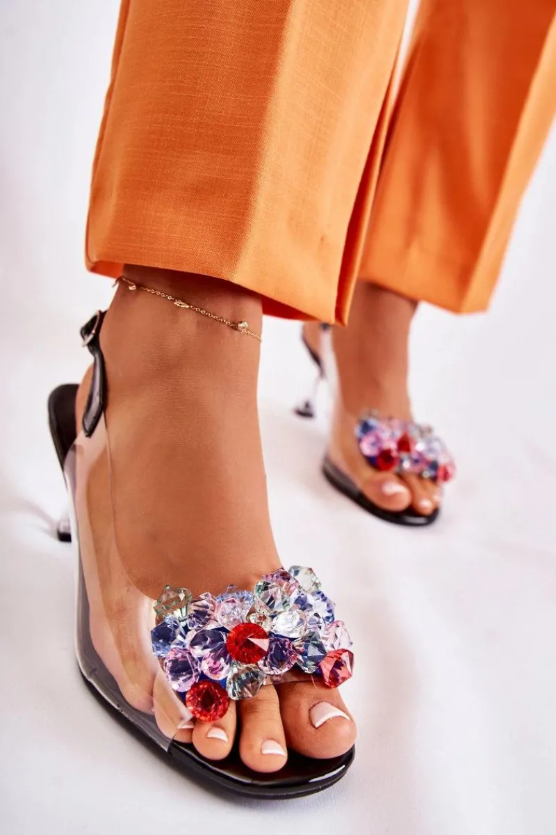 Clearance Eleganckie Sandały Z Kryształami Czarne Lanette Damskie Sandały Na Obcasie