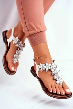Clearance Eleganckie Sandały Z Kwiatkami Białe Sunny Damskie Sandały Płaskie